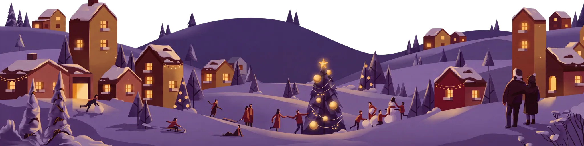 Verschneites Dorf bei Nacht: Menschen schmücken gemeinsam einen Weihnachtsbaum, fahren Schlitten und bauen einen Schneemann